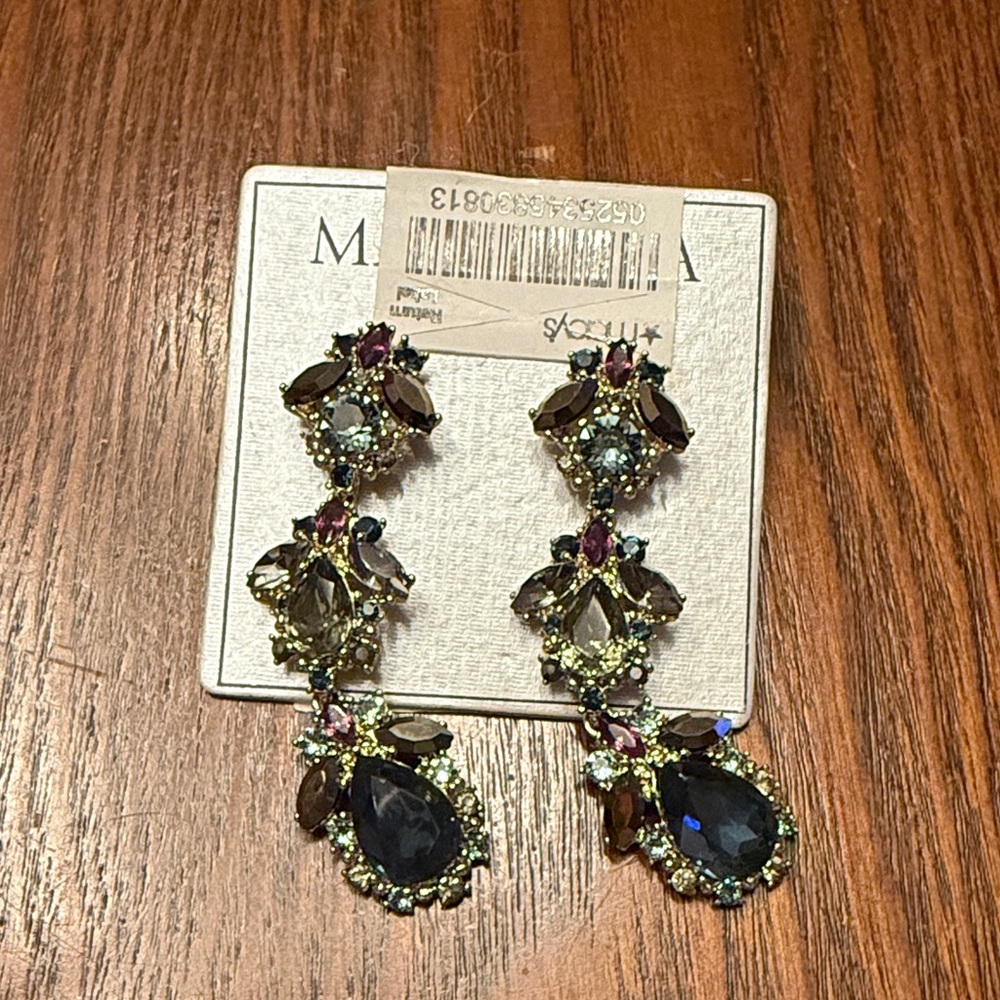 NWT Marchesa Crystal Cluster Drop Earrings Silver Blue Purple